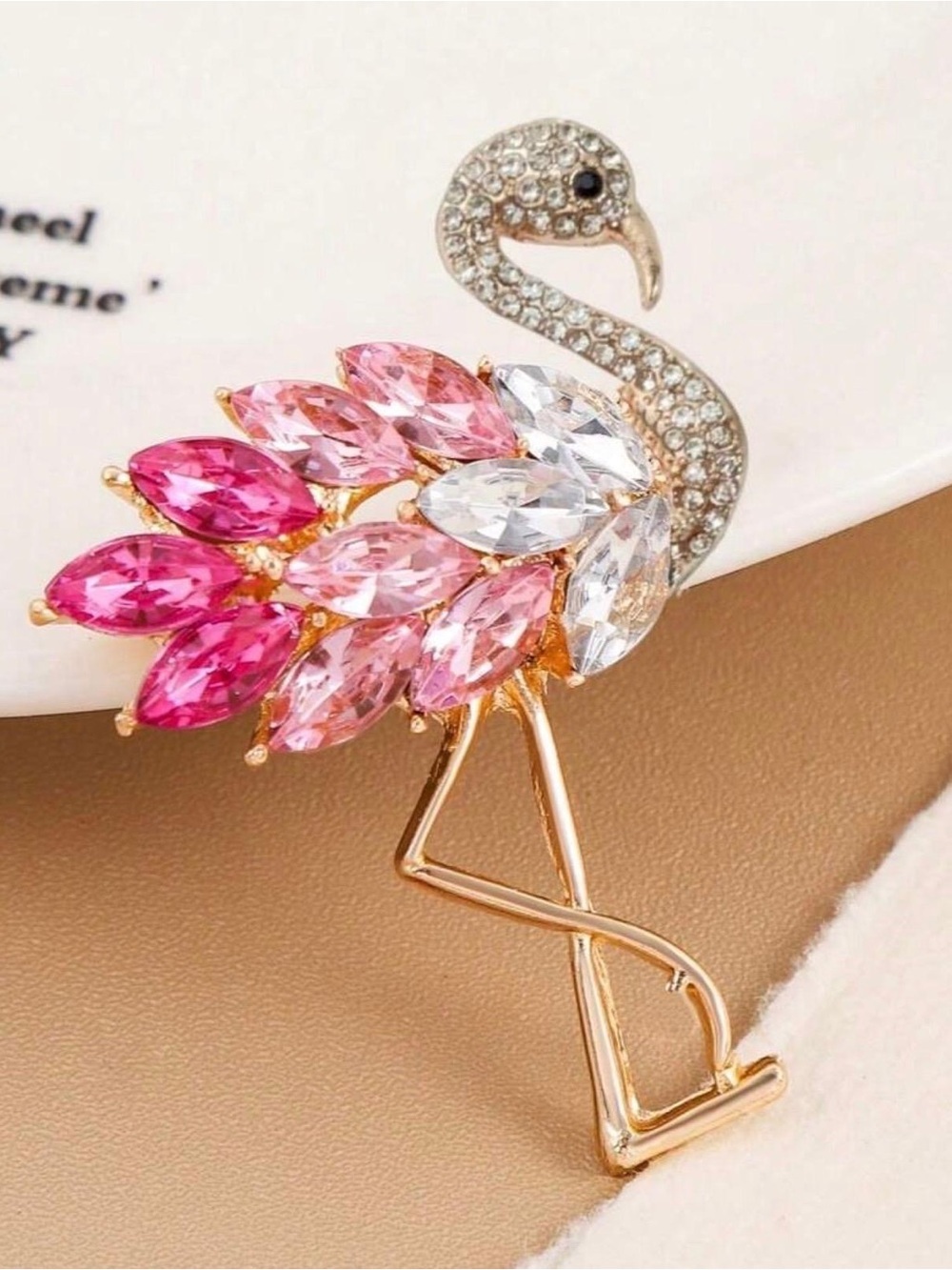 Gold Flamingo Brooch with Pink and Clear Crystals